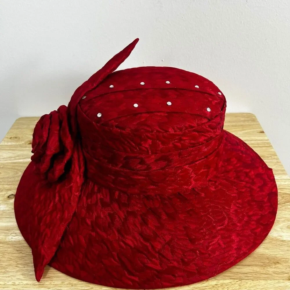 Vintage Red Church Hat Wide Brim Floral Rose Rhinestone Dress Derby Hat